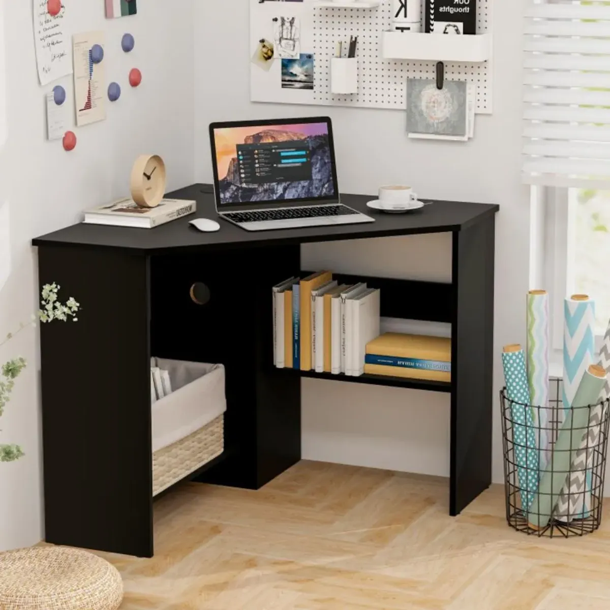 Hivvago Corner Computer Desk Triangle Writing Workstation with Storage Shelf