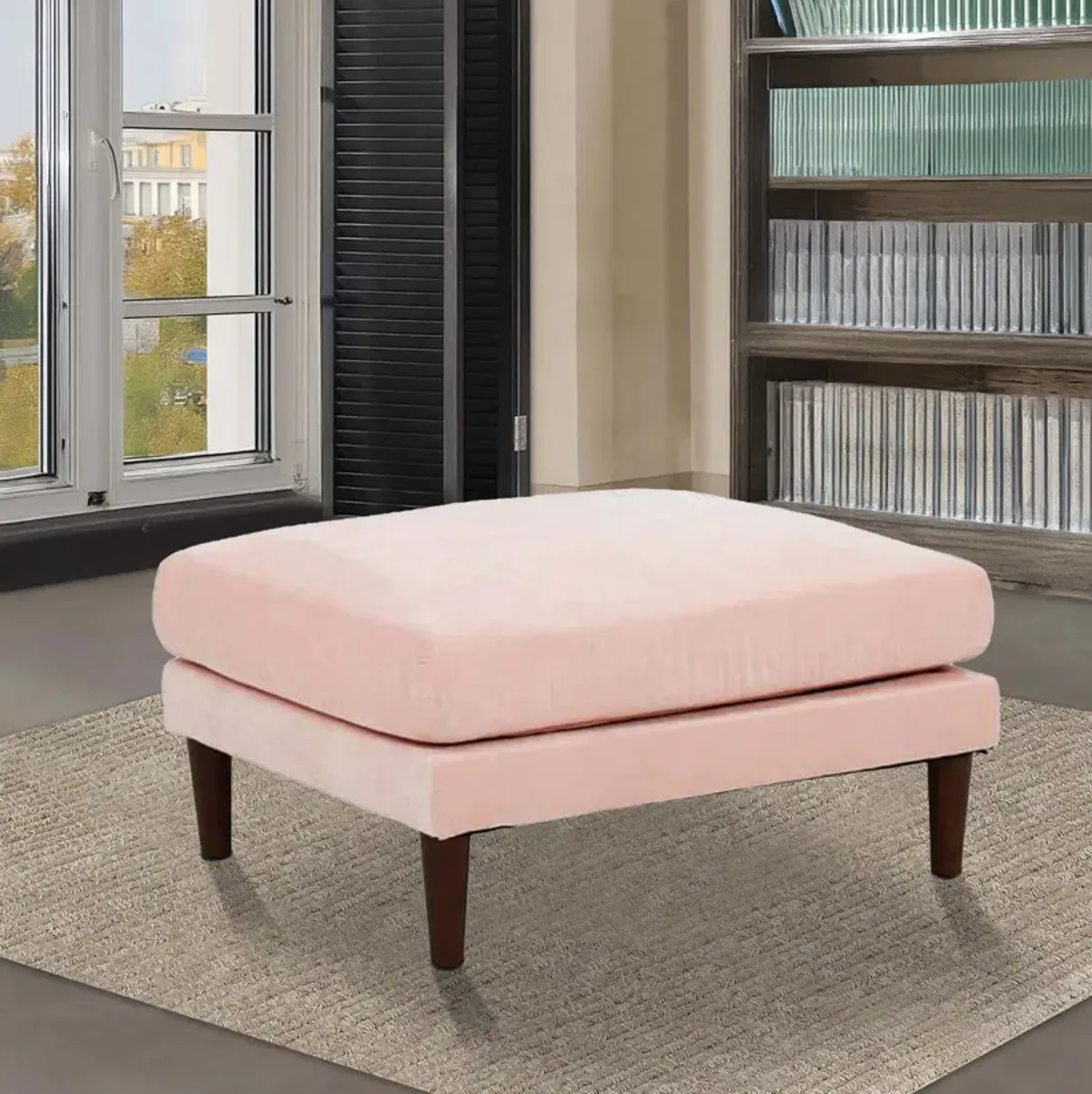 Rio 32 Inch Modular Ottoman, Box Cushion Seat, Wood Legs, Blush Pink-Benzara