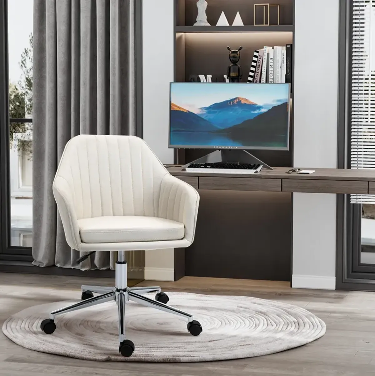 Beige Vanity Chair: Velvet Scallop Shape Swivel Office Chair