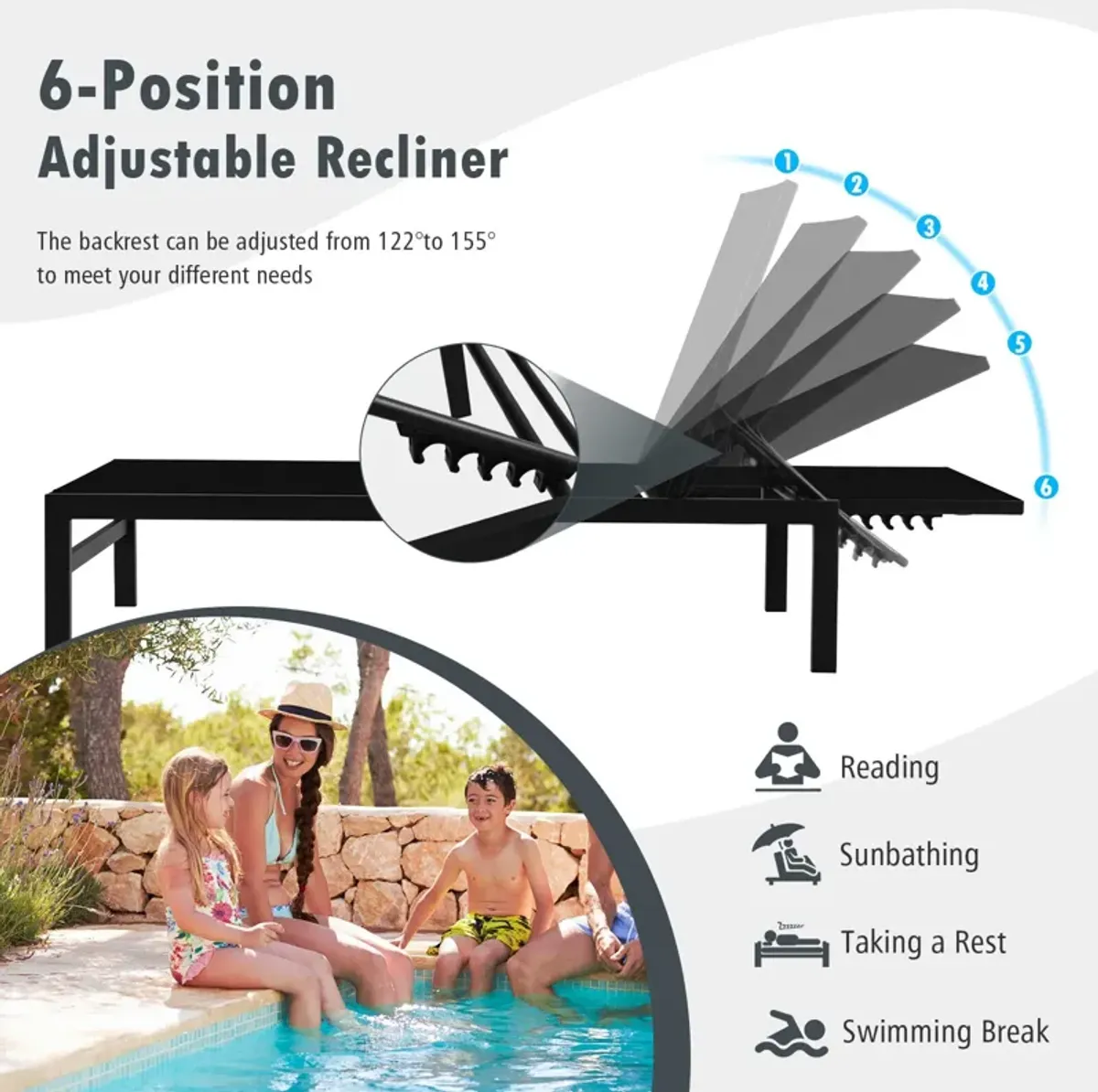 6-Position Chaise Lounge Chairs with Rustproof Aluminium Frame