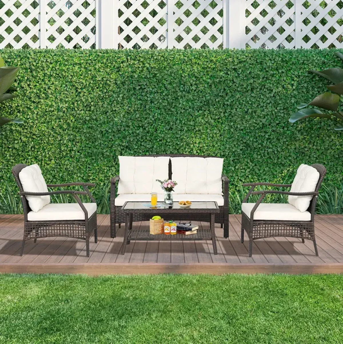 4 Pieces Outdoor Rattan Conversation Set with Protective Cover