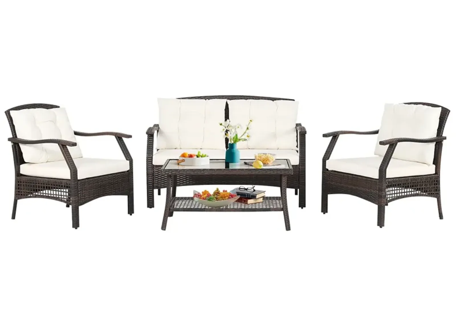 4 Pieces Outdoor Rattan Conversation Set with Protective Cover