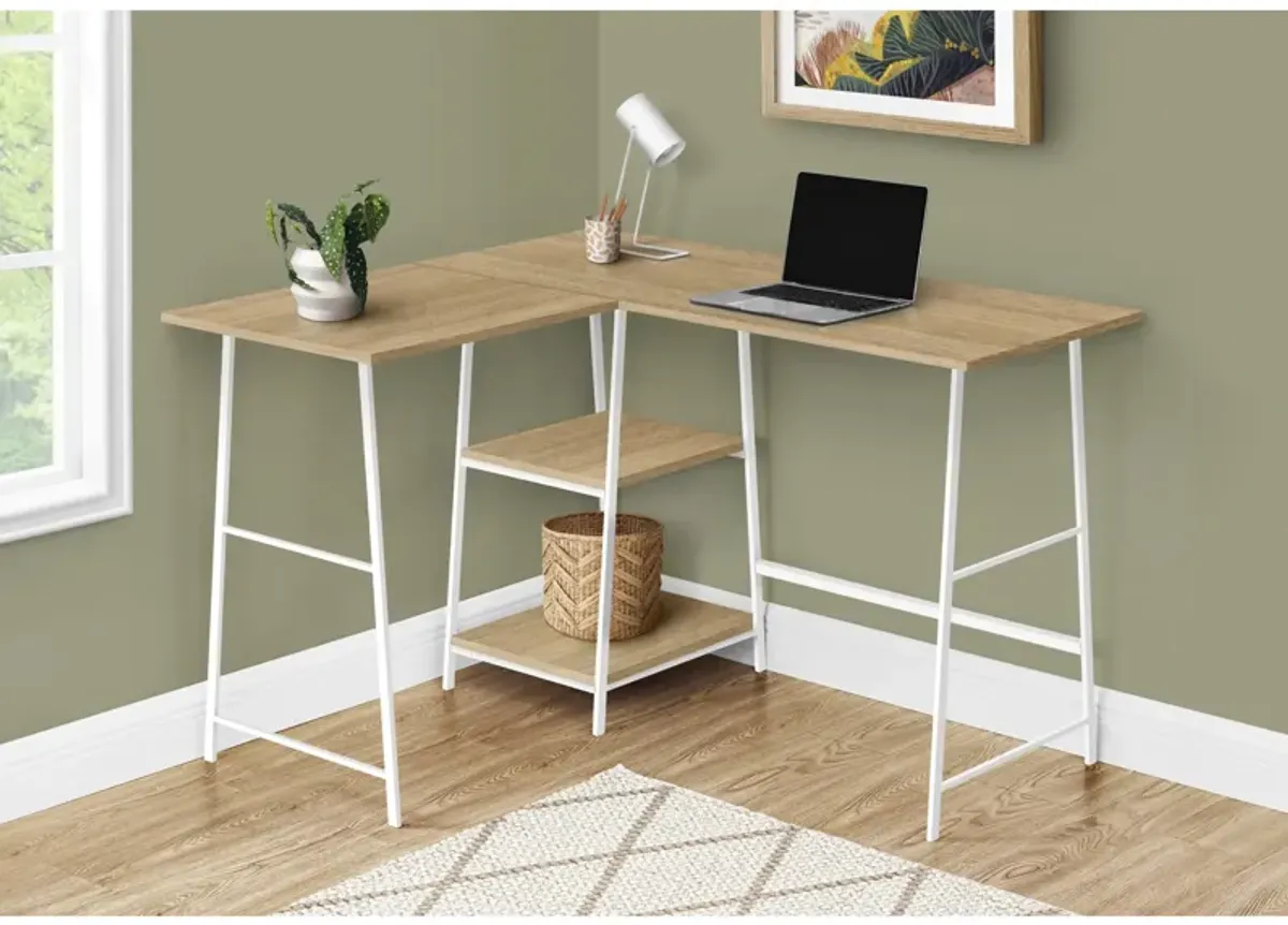 Monarch Specialties I 7597 Computer Desk, Home Office, Corner, Storage Shelves, 48"L, L Shape, Work, Laptop, Metal, Laminate, Natural, White, Contemporary, Modern