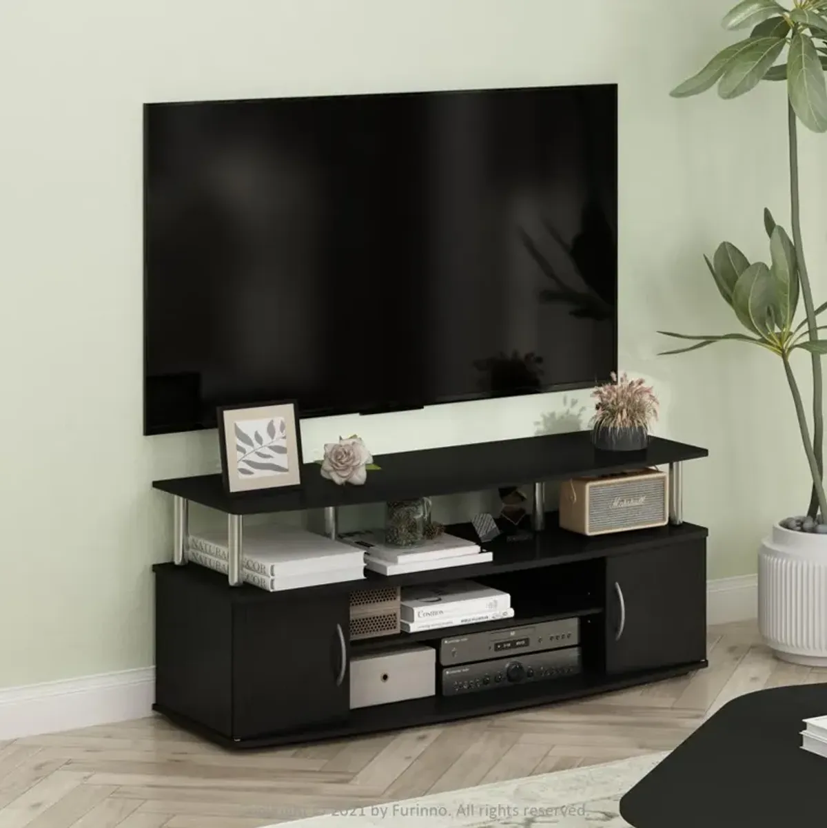 Furinno JAYA Large Entertainment Center Hold up to 55-IN TV, Americano, Stainless Steel Tubes