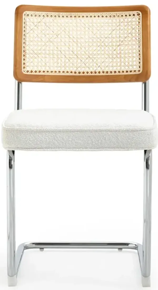 Glamour Home Set of 2 White Boucle Fabric Dining Chair Rattan Backrest and Chrome Legs