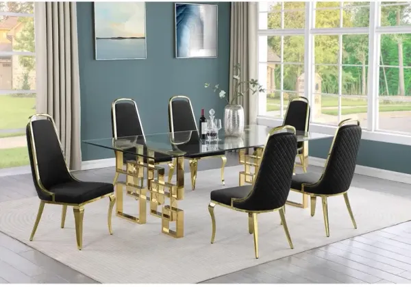 7-piece glam dining set with 6 Black side chairs and one 95" glass dining table