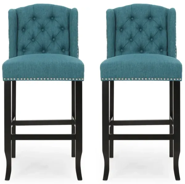 Seliva Barstool Chair Set of 2, Teal Fabric, Tufted Back, Brown Rubberwood - Benzara