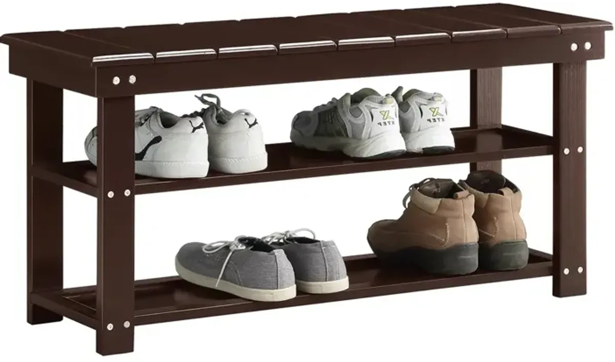 QuikFurn Espresso Brown Wood 2-Shelf Shoe Rack Storage Bench For Entryway or Closet