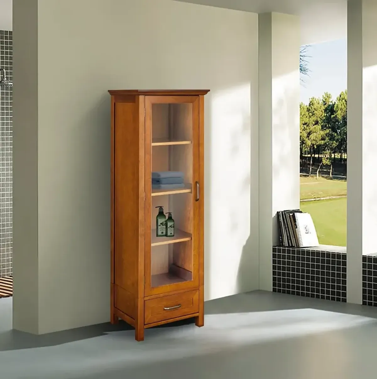 Hivvago Oak Finish Linen Tower Glass Door Bathroom Storage Cabinet w/ Drawer