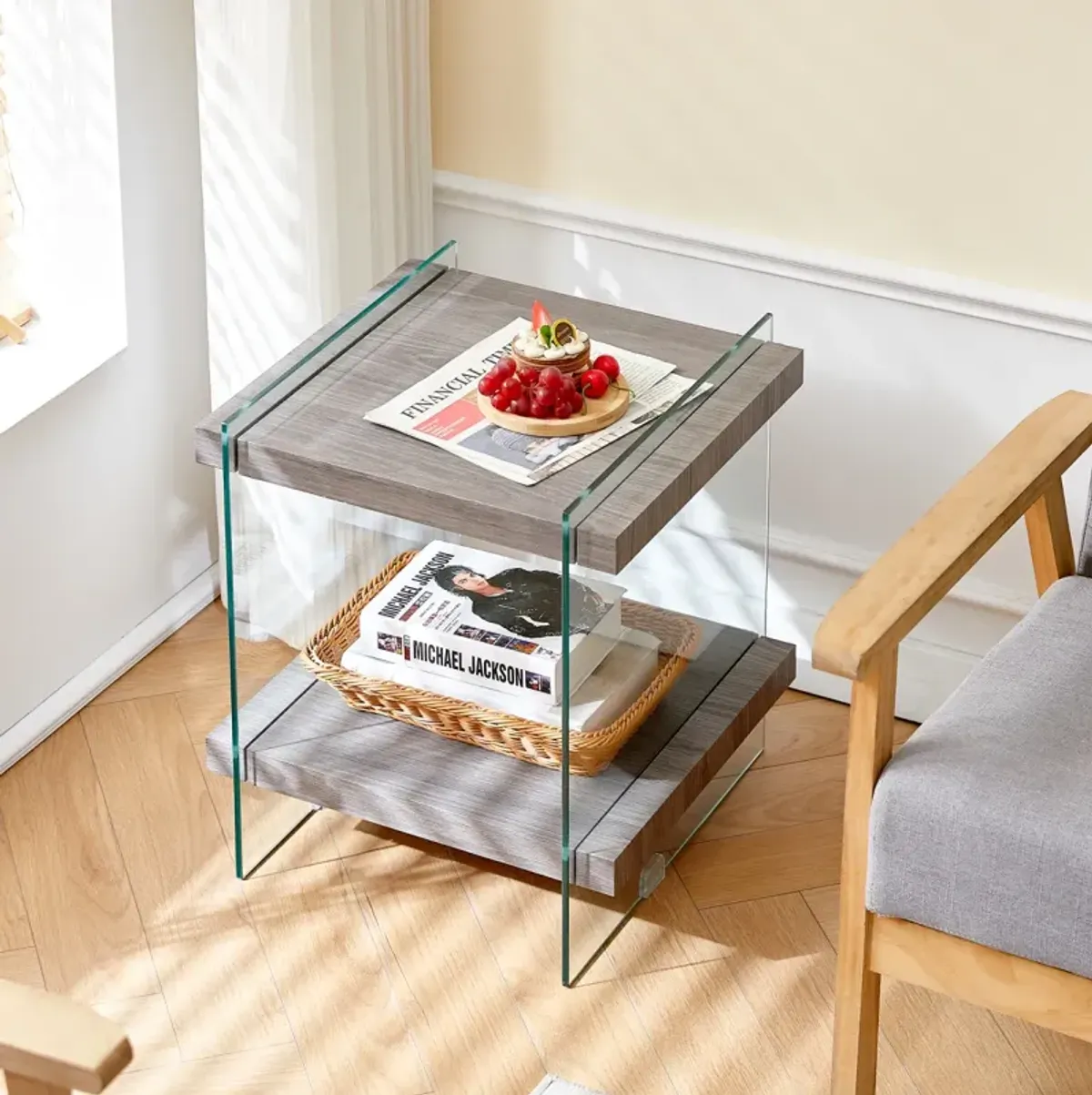 17.72 Sleek And Sturdy Tempered Glass Leg Side Table With Dual MDF Shelves, Modern Nightstand