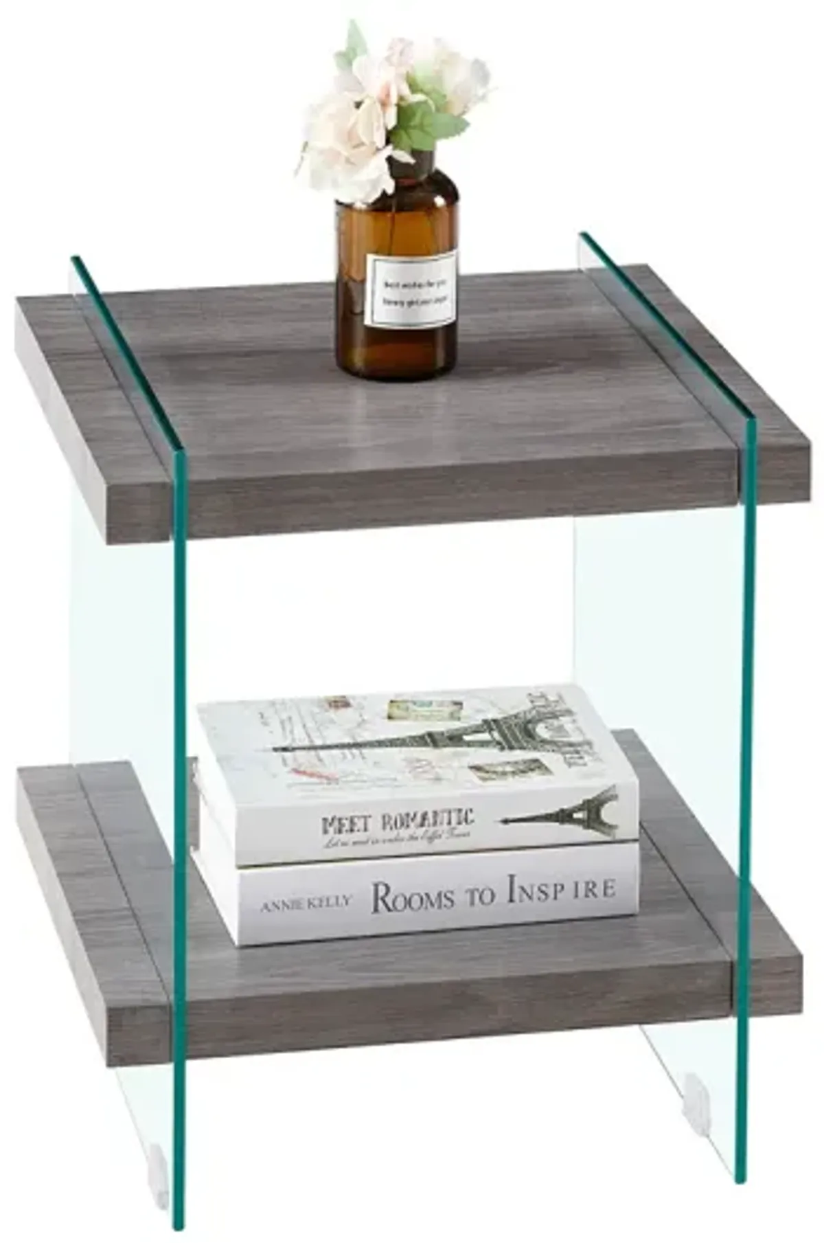 17.72 Sleek And Sturdy Tempered Glass Leg Side Table With Dual MDF Shelves, Modern Nightstand