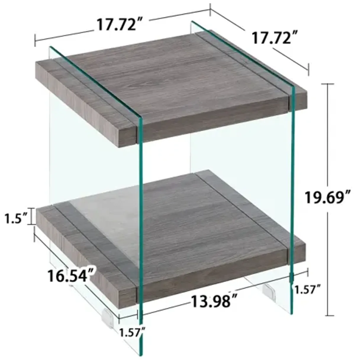 17.72 Sleek And Sturdy Tempered Glass Leg Side Table With Dual MDF Shelves, Modern Nightstand