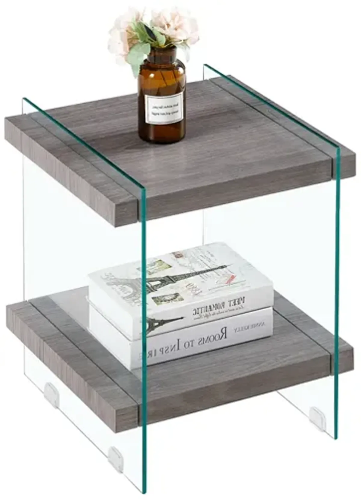 17.72 Sleek And Sturdy Tempered Glass Leg Side Table With Dual MDF Shelves, Modern Nightstand