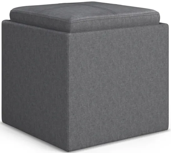 Rockwood 17 inch Wide Contemporary Square Cube Storage Ottoman with Tray in Slate Grey Linen Look Fabric, Assembled