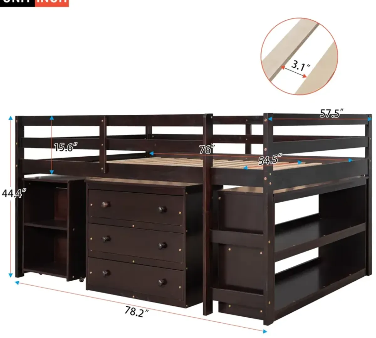 Low Study Full Loft Bed With Cabinet, Shelves And Rolling Portable Desk, Multiple Functions