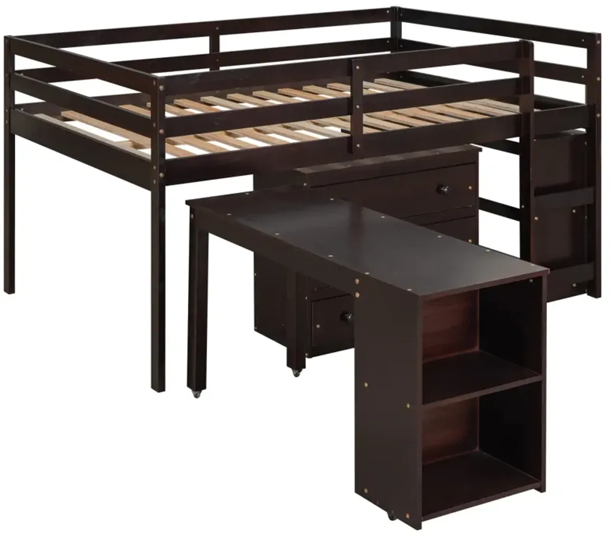 Low Study Full Loft Bed With Cabinet, Shelves And Rolling Portable Desk, Multiple Functions