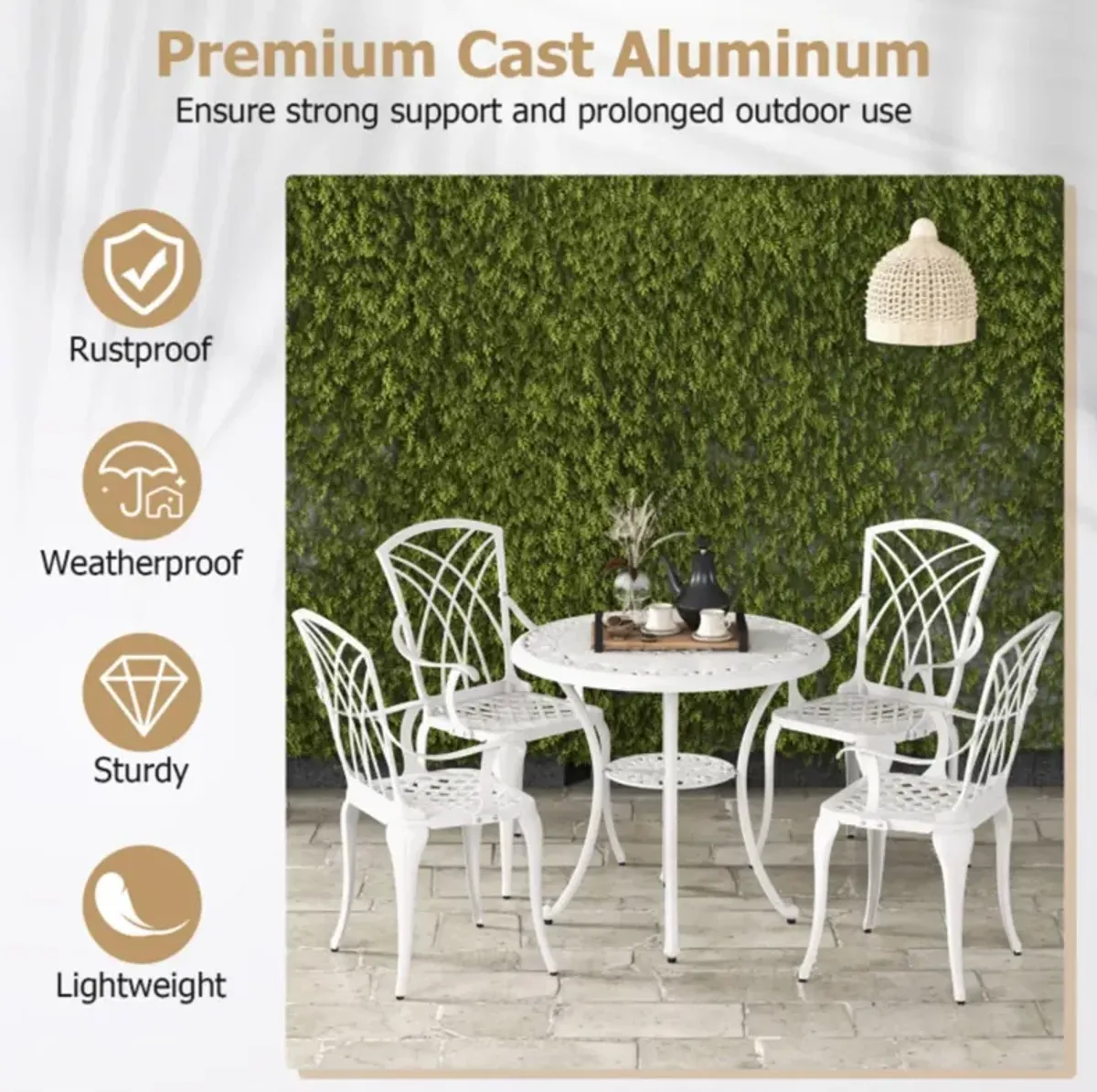 Hivvago 5 Piece Patio Bistro Table Chair Set with Umbrella Hole and Aluminum Frame-White