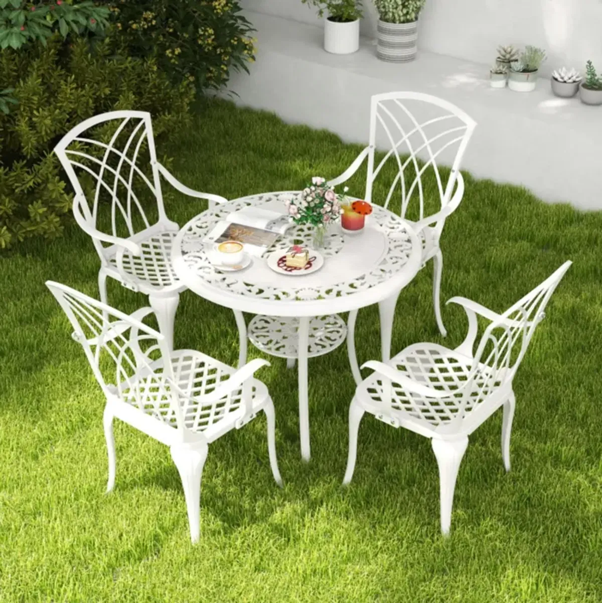Hivvago 5 Piece Patio Bistro Table Chair Set with Umbrella Hole and Aluminum Frame-White