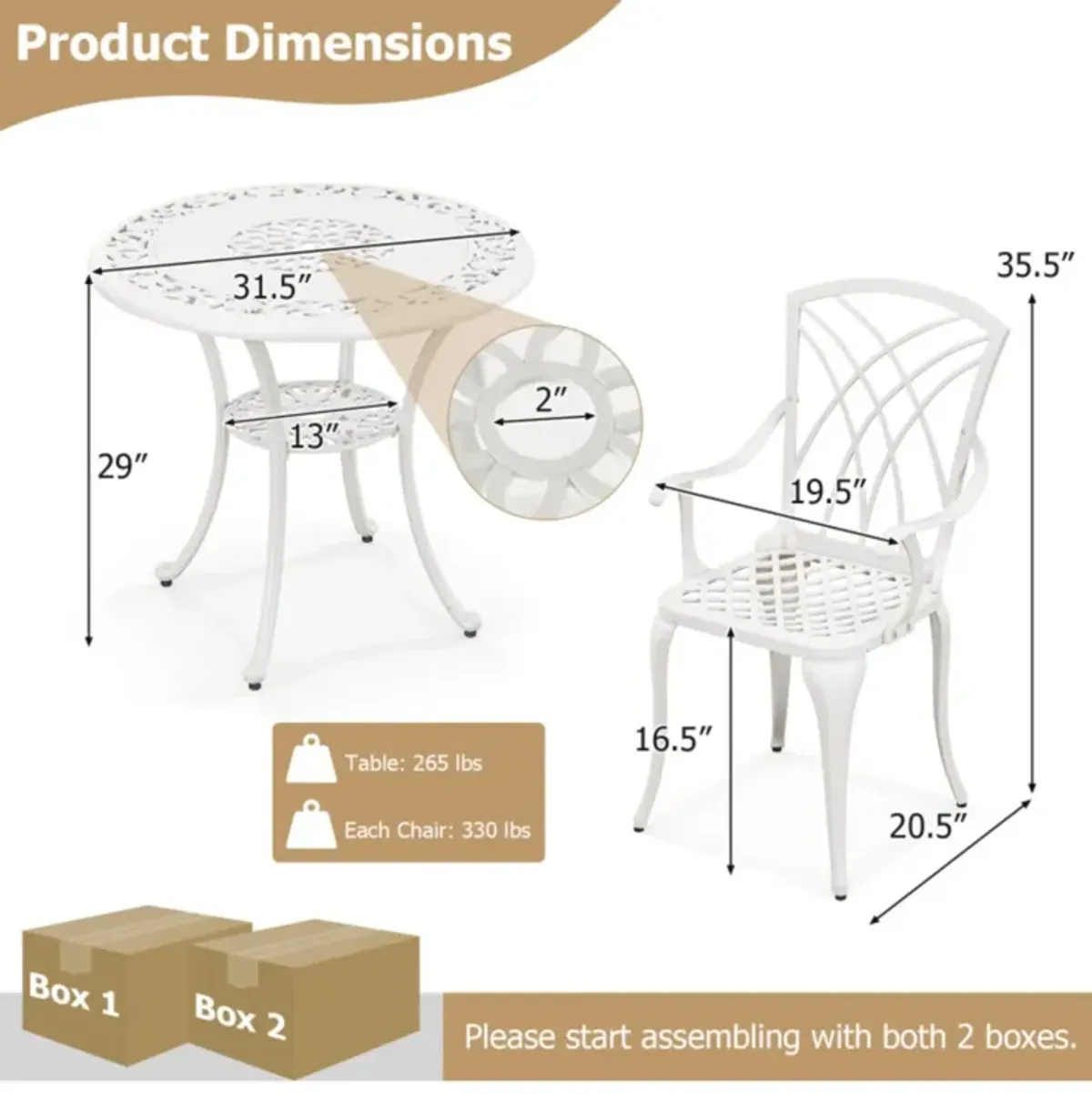 Hivvago 5 Piece Patio Bistro Table Chair Set with Umbrella Hole and Aluminum Frame-White