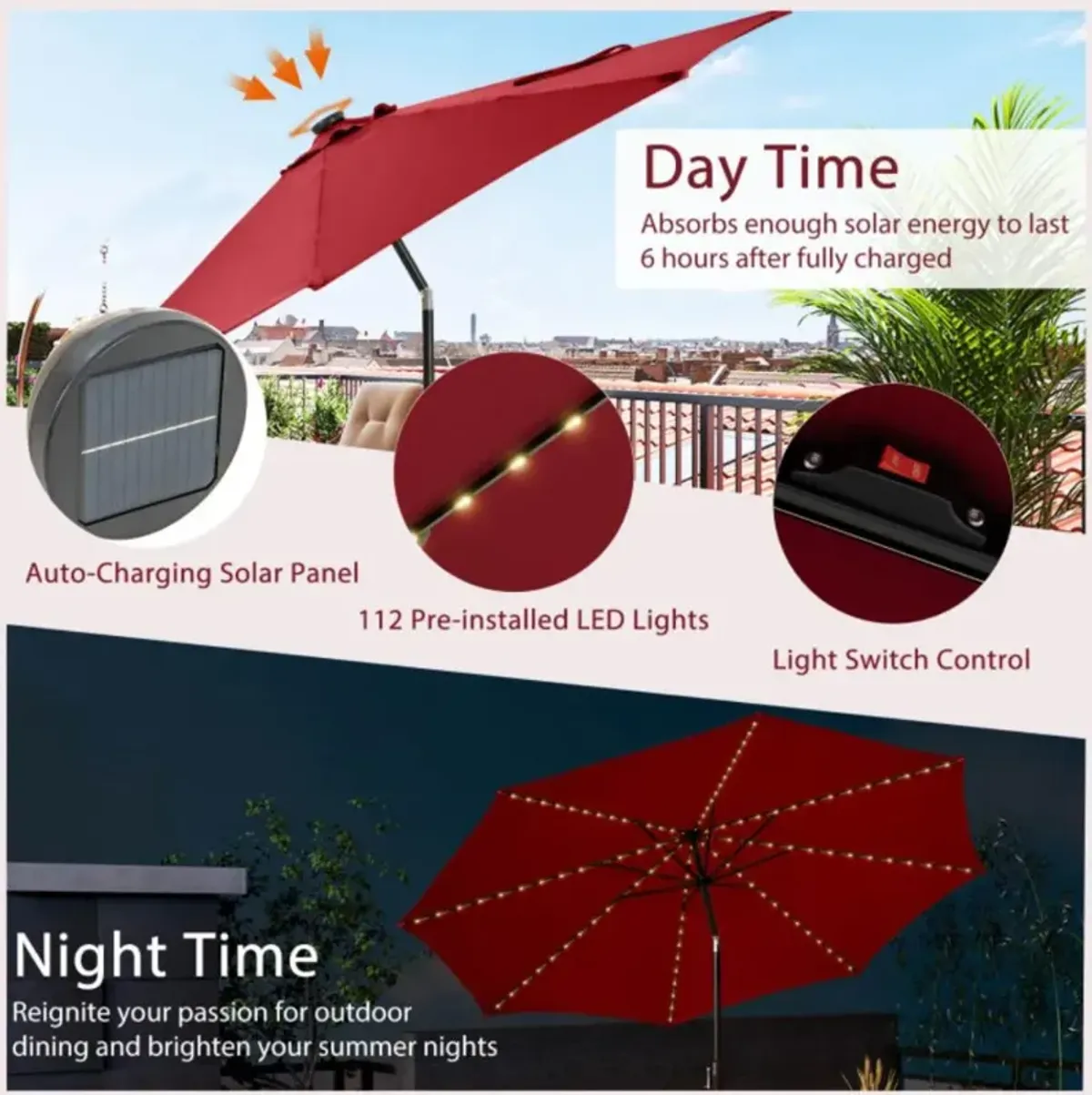 Hivvago 10 Feet Patio Umbrella with 112 Solar Lights and Crank Handle