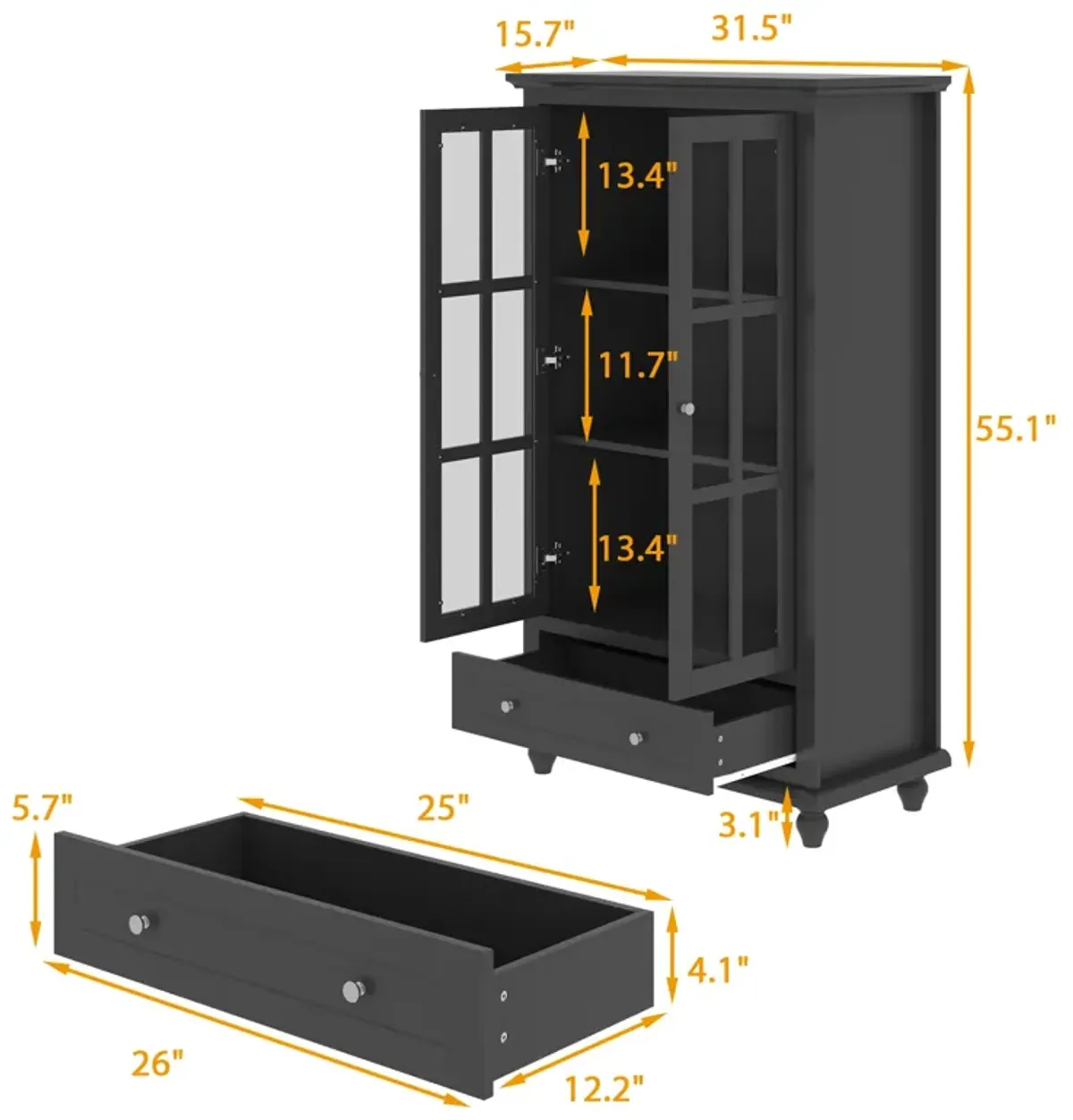 FUFU&GAGA Modern MDF Bookcase with 3 Shelves and Doors (31.5" W x 15.7" D x 55.1" H),Black