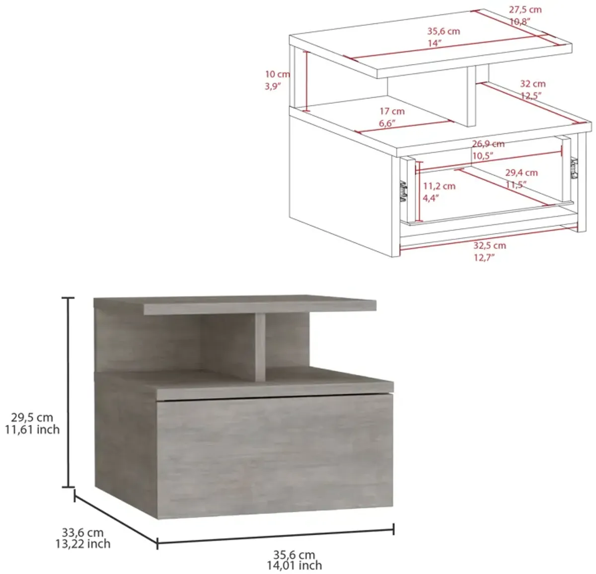 Adele Floating Nightstand with Drawer and Open Storage Shelves- Concrete Gray