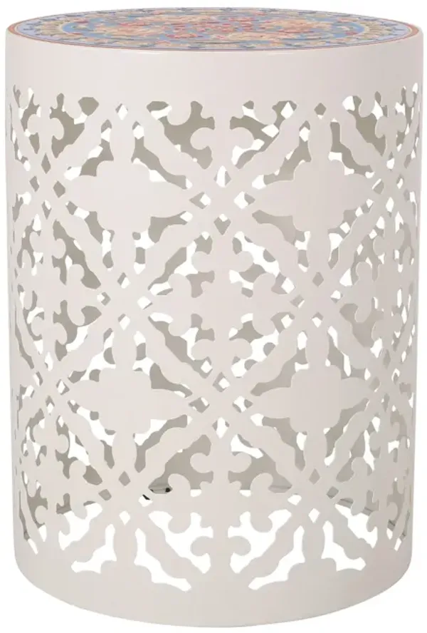 Riki Side End Table, 14 Inch, Mosaic Tile Rattan, White Lace Cut Metal - Benzara