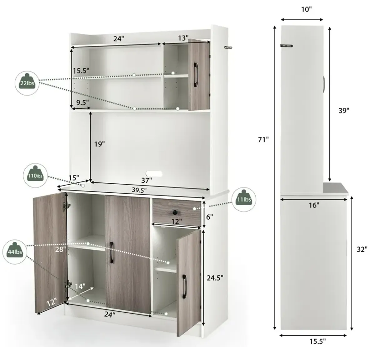 4-Door Freestanding Kitchen Buffet with Hutch and Adjustable Shelves-White