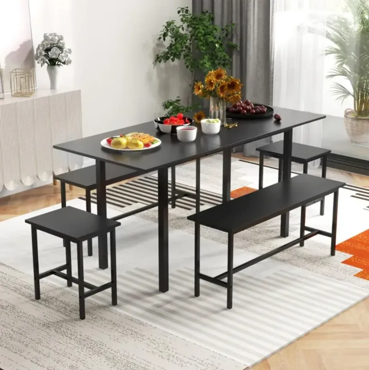 5 Piece Dining Table Set for 4-6 with 2 Benches & 2 Stools for Kitchen Dining Room