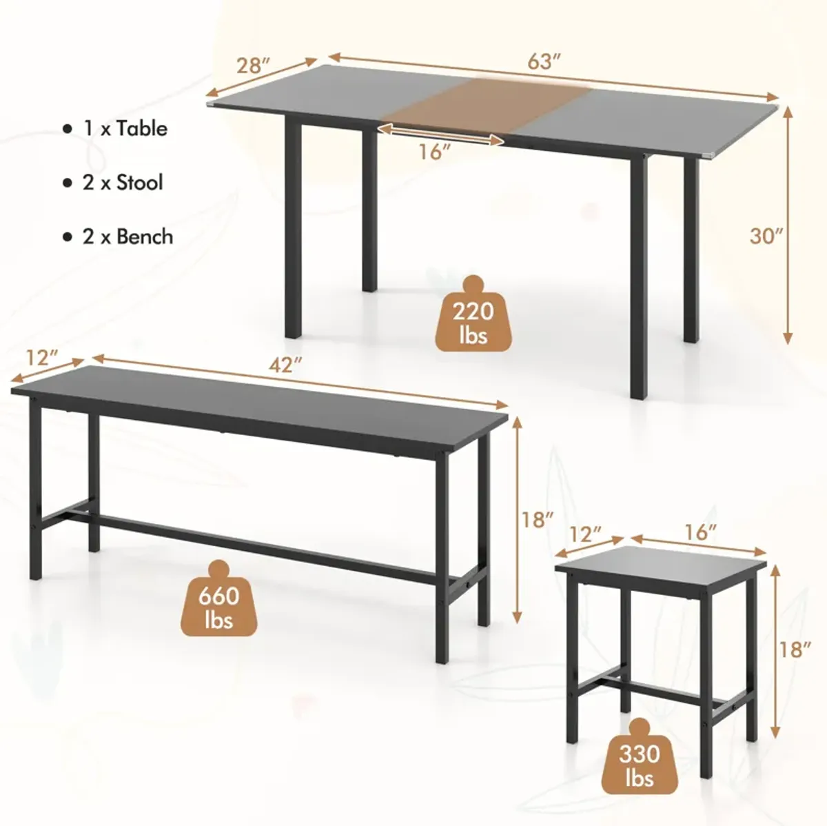 5 Piece Dining Table Set for 4-6 with 2 Benches & 2 Stools for Kitchen Dining Room