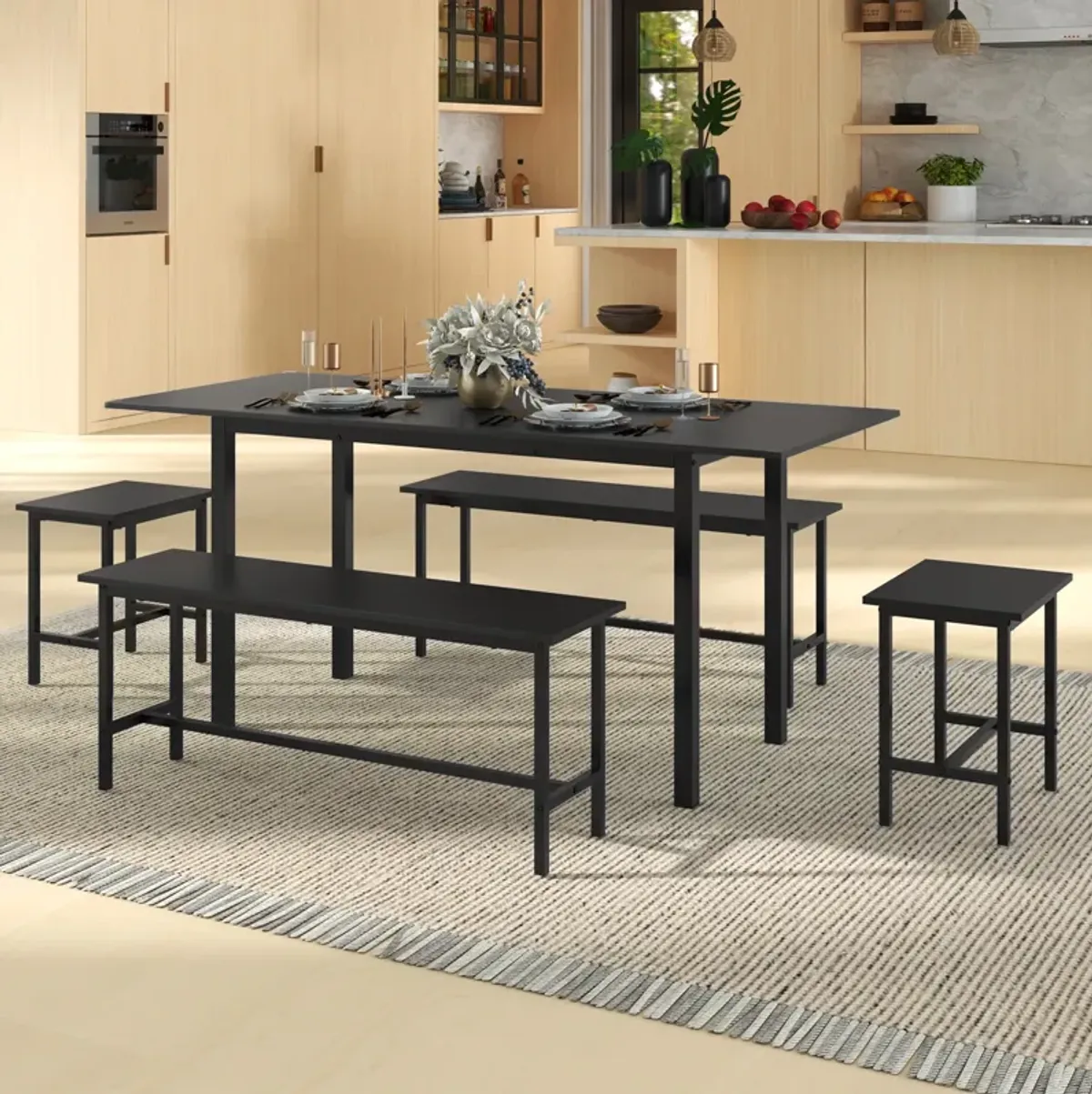 5 Piece Dining Table Set for 4-6 with 2 Benches & 2 Stools for Kitchen Dining Room