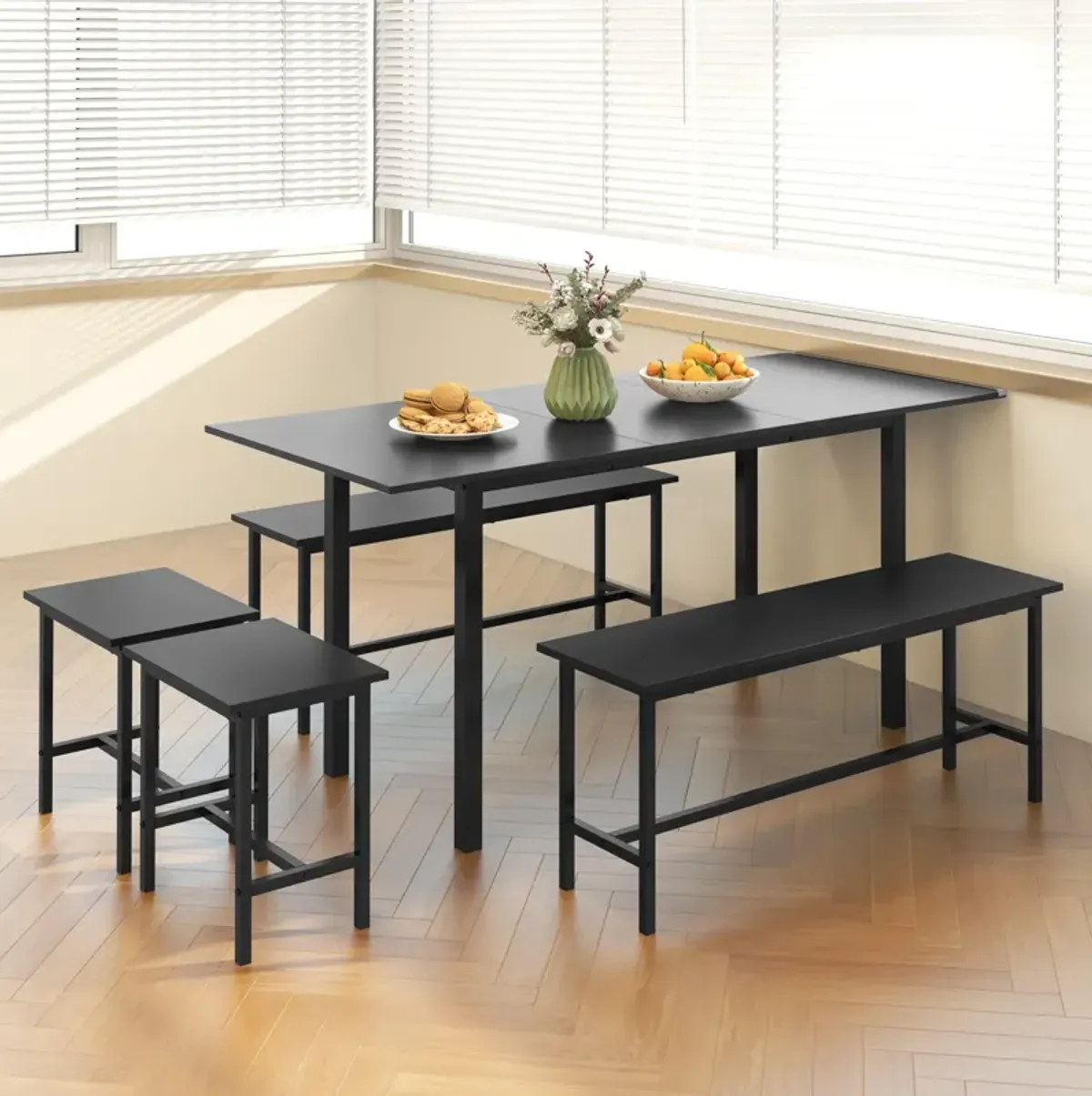 5 Piece Dining Table Set for 4-6 with 2 Benches & 2 Stools for Kitchen Dining Room