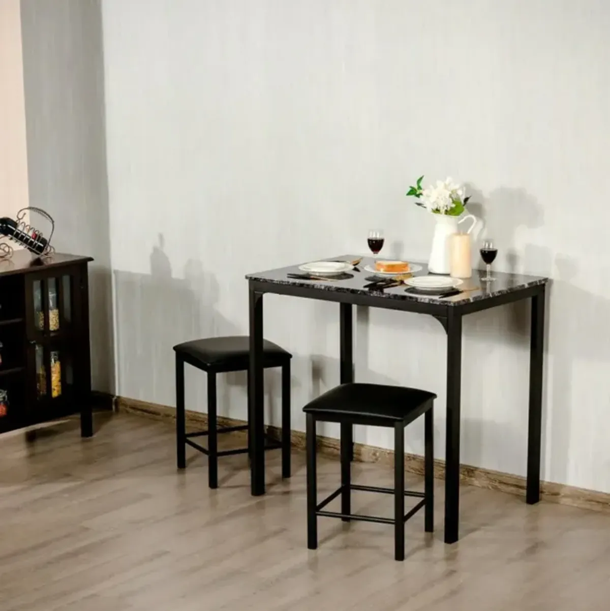 Hivvago 3 Pieces Dining Table Set with Faux Marble Tabletop and 2 Chairs Ideal for Small Space