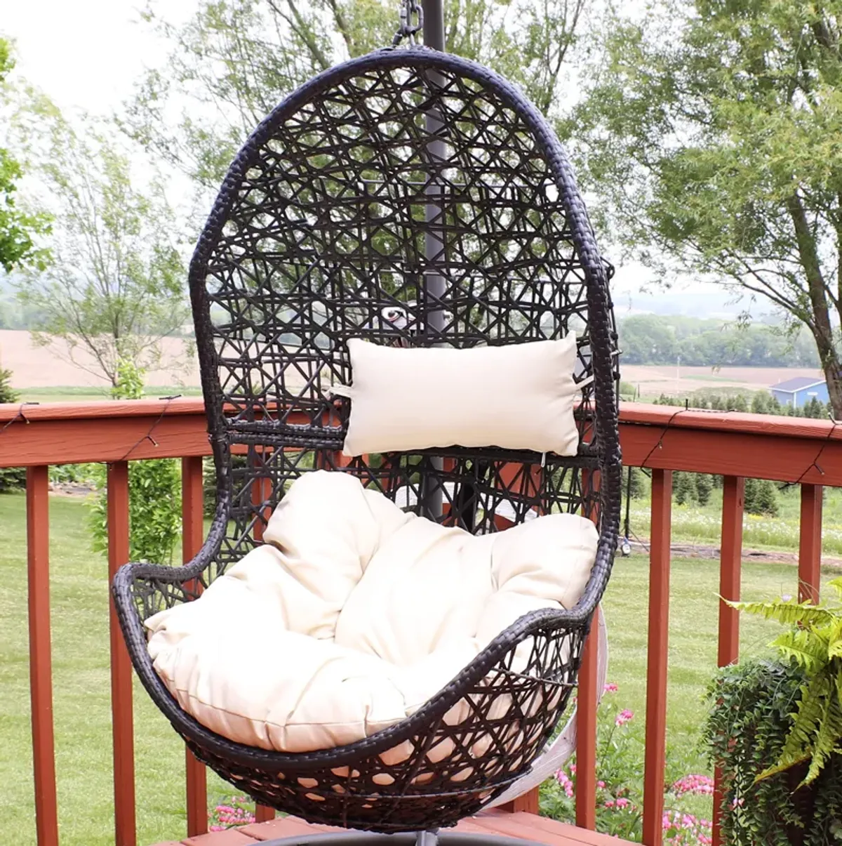 Sunnydaze Black Resin Wicker Basket Hanging Egg Chair with Cushions