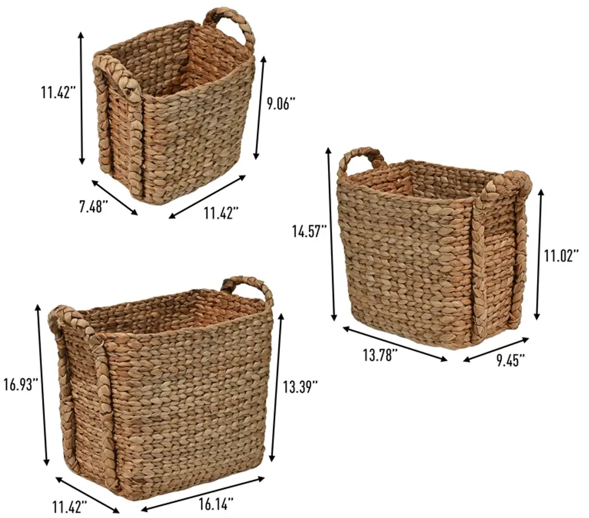 Clara Farmhouse Classic Handwoven Hyacinth Rectangle Storage Floor Baskets with Handles