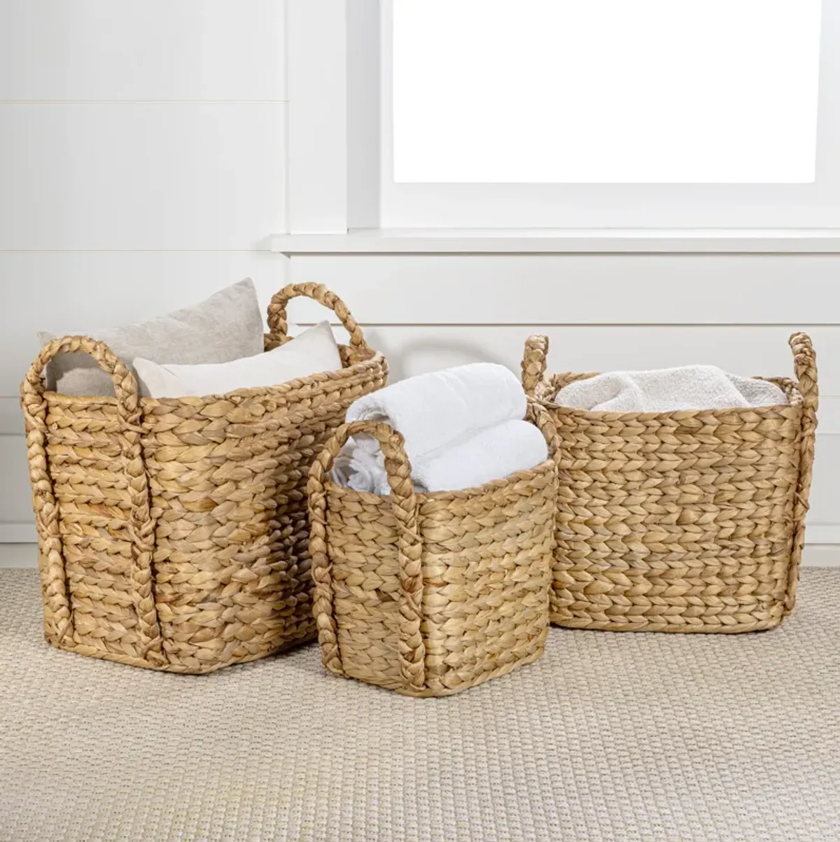 Clara Farmhouse Classic Handwoven Hyacinth Rectangle Storage Floor Baskets with Handles