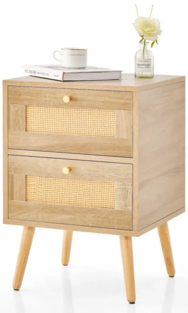 Hivvago Rattan Nightstand Boho Accent Bedside Table with 2 Storage Drawers