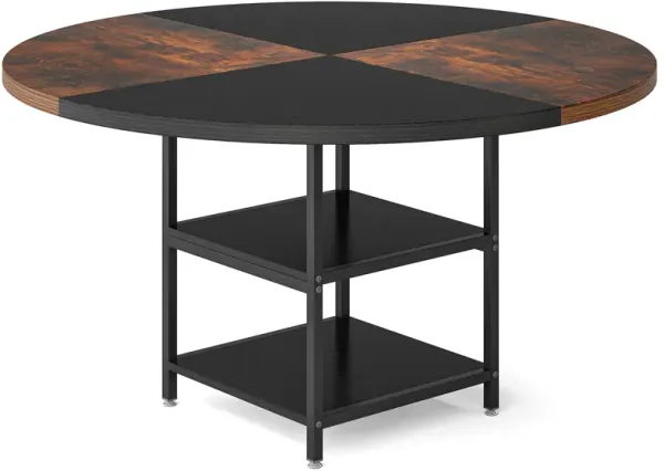 Tribesigns 47 inch Round Dining Table with Storage Shelves, 4 People Circle Dinner Tables Kitchen Table with Wood Top for Dining Room Living Room Kitchen, Black Rustic Brown(Without Chair)