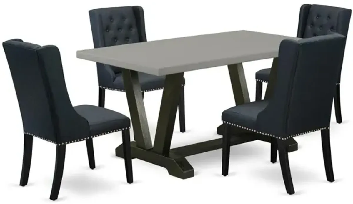 East West Furniture V696FO624-5 5 Piece Dining Room Set Consists of 4 Black Linen Fabric Padded Chair Button Tufted with Nailheads and Cement Dining Table - Wire Brush Black Finish