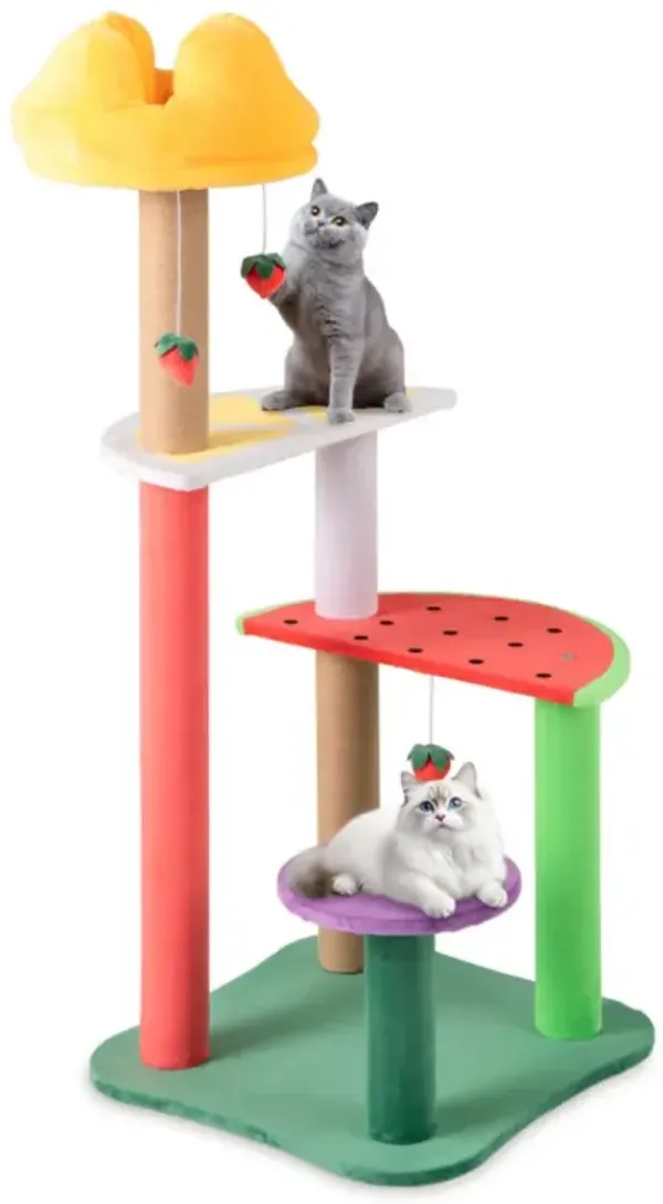 Multi-Level Cat Tree with Plush Padded Top Perch and Fruit-Shaped Platforms