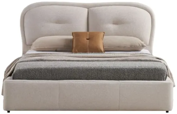 Layla King Size Bed, Ivory Fabric Upholstery, Padded and Tufted Headboard - Benzara