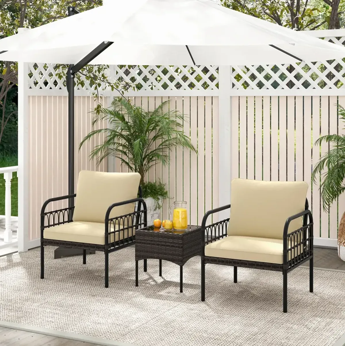 3 Pieces Patio Wicker Conversation Set with Cushions and Tempered Glass Coffee Table-Beige