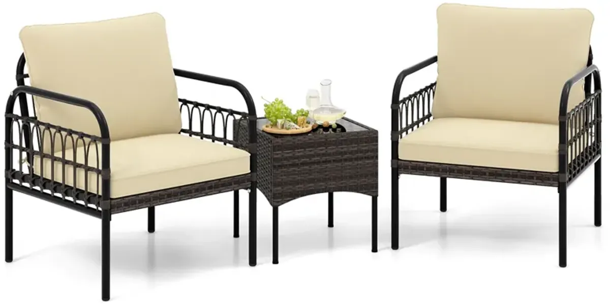 3 Pieces Patio Wicker Conversation Set with Cushions and Tempered Glass Coffee Table-Beige