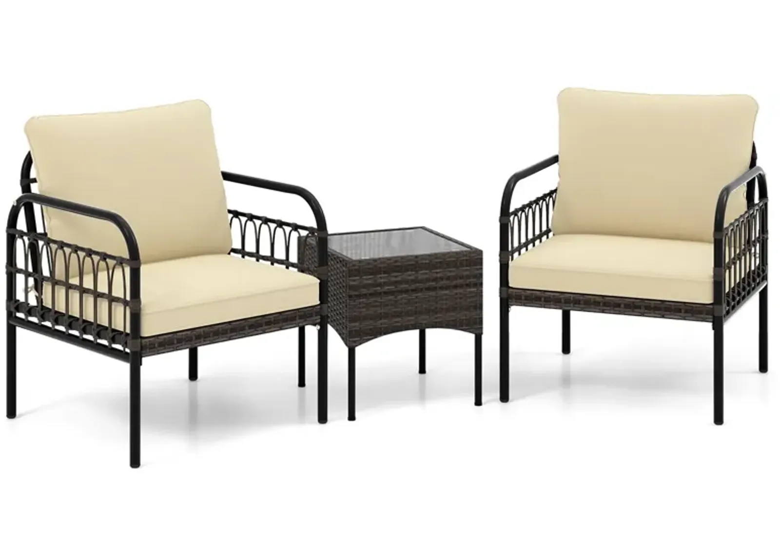 3 Pieces Patio Wicker Conversation Set with Cushions and Tempered Glass Coffee Table-Beige