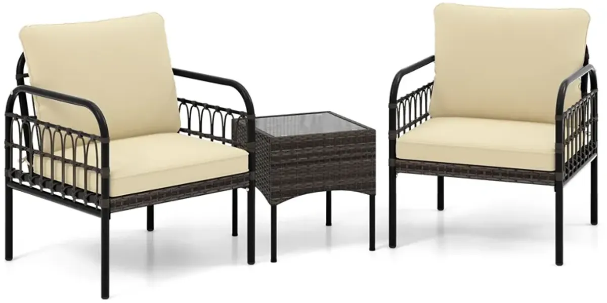 3 Pieces Patio Wicker Conversation Set with Cushions and Tempered Glass Coffee Table-Beige