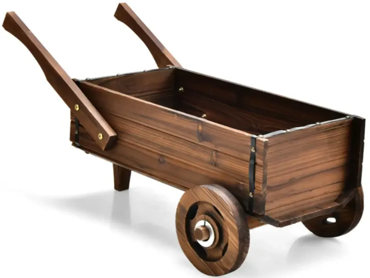 Hivvago Wooden Wagon Planter Box with Wheels Handles and Drainage Hole-Rustic Brown