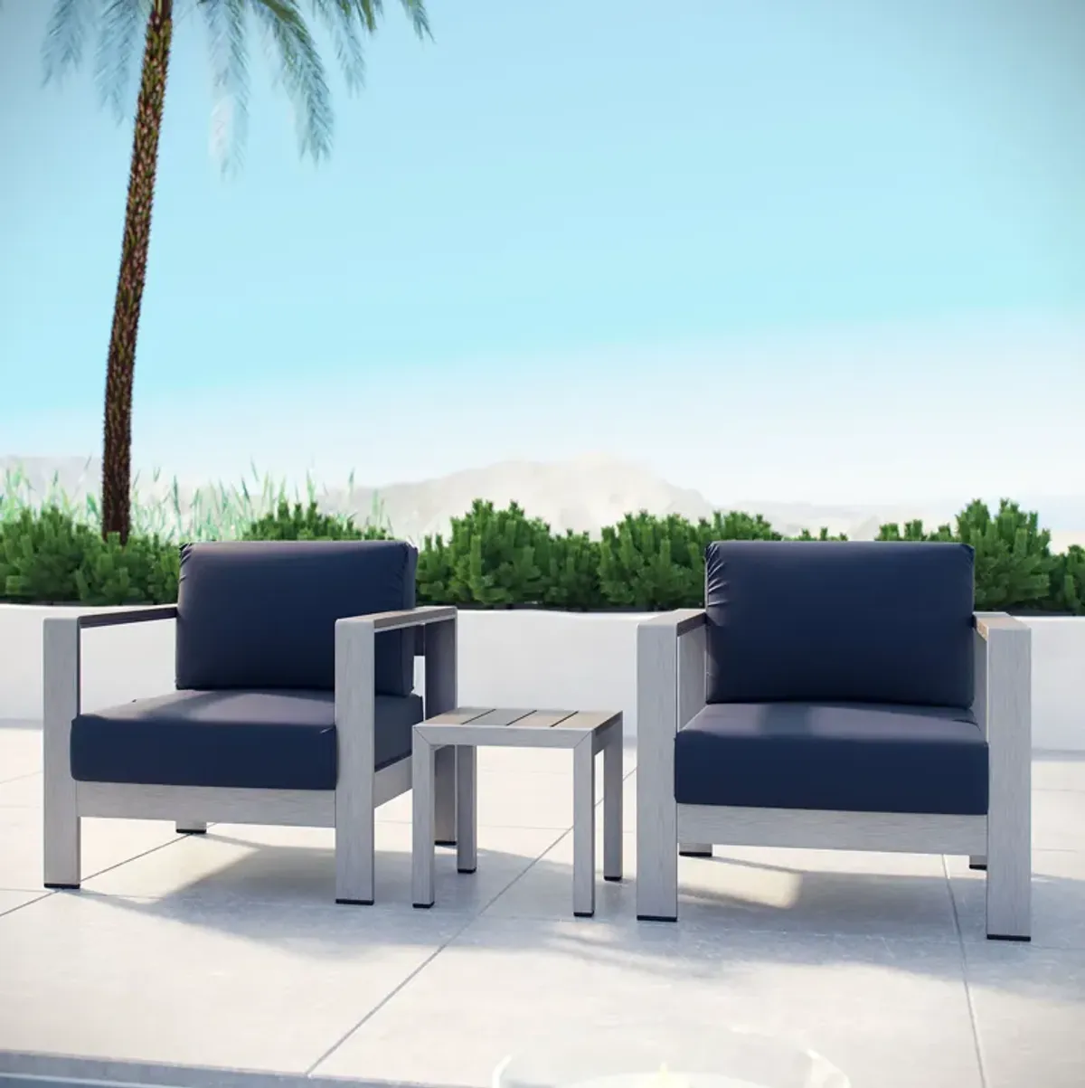 Shore 3 Piece Outdoor Patio Aluminum Set - Silver Navy