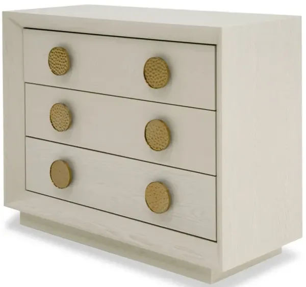 Cid Jorie 39 Inch Nightstand, 3 Drawers, Cream White Wood, Steel Handles - Benzara