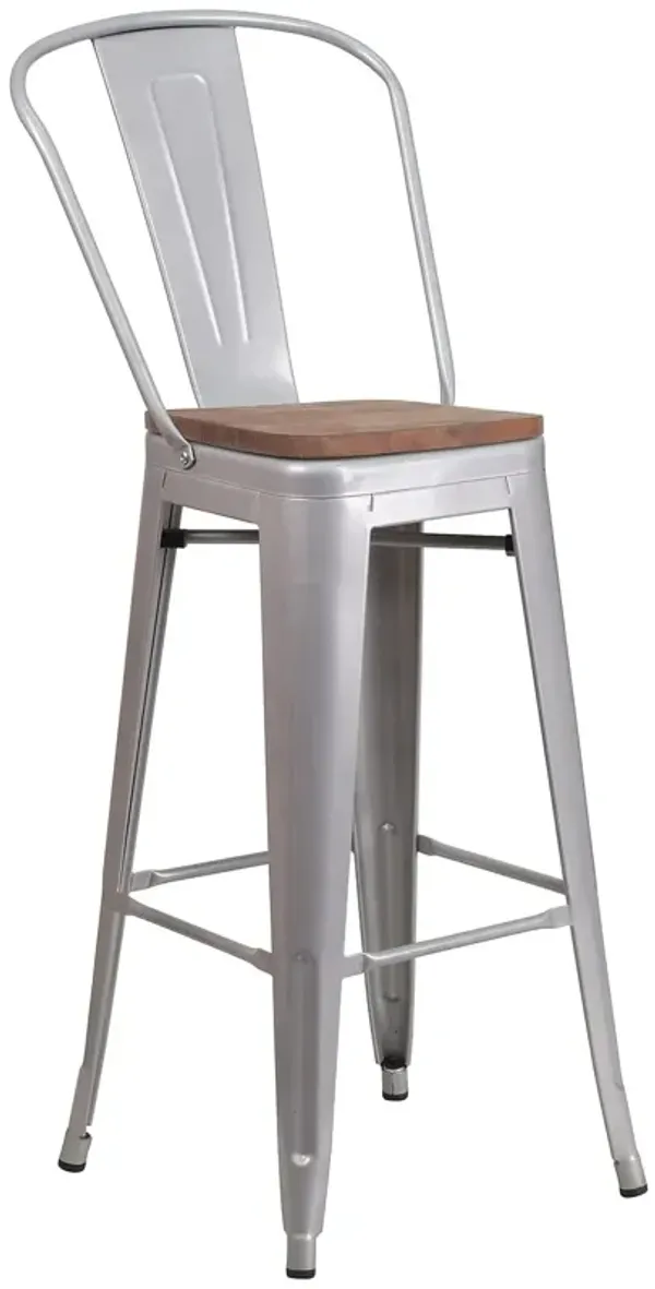 Flash Furniture Carly 24" High Crystal Teal-Blue Metal Counter Height Stool with Back and Wood Seat