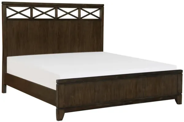 Gia Queen Bed, X Shaped Panel Accents on The Headboard, Dark Brown Wood - Benzara